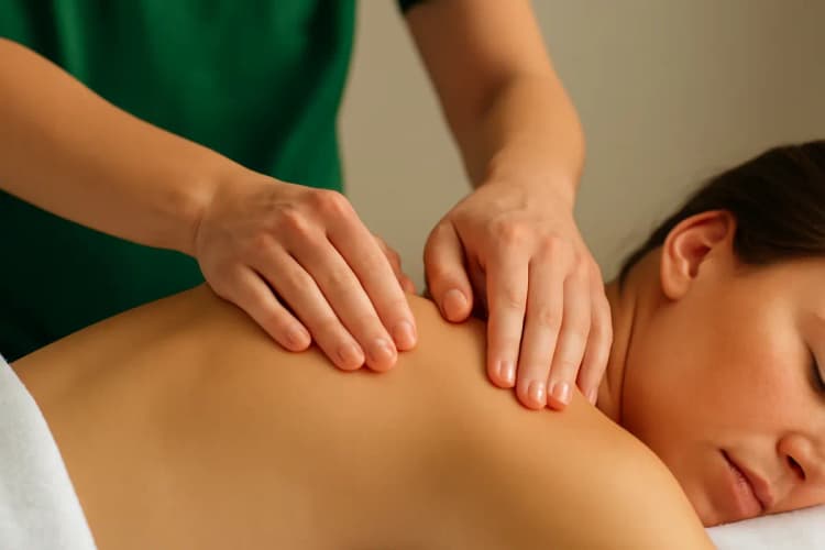 Terapeuta massageando o ombro de uma pessoa deitada