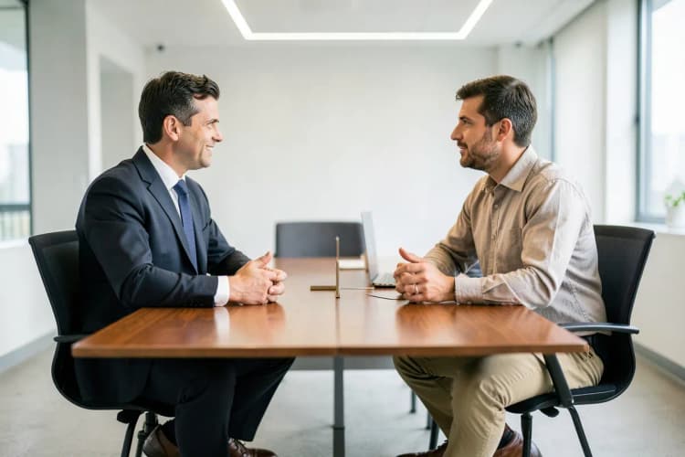 Psicólogo e terapeuta em conversa formal em um escritório
