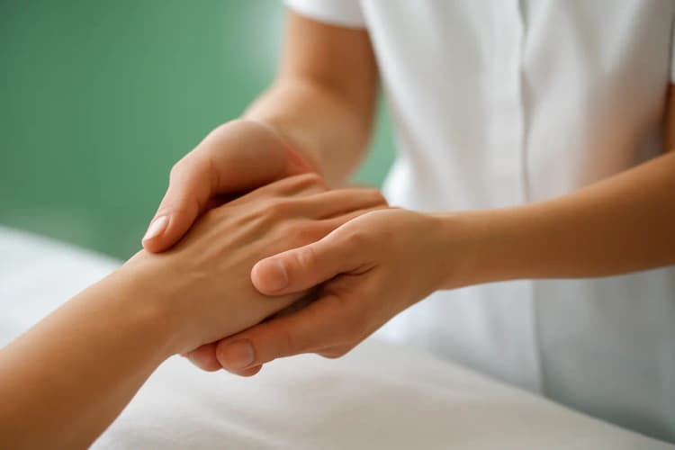 Mãos de um terapeuta segurando as mãos de um paciente em um gesto de apoio