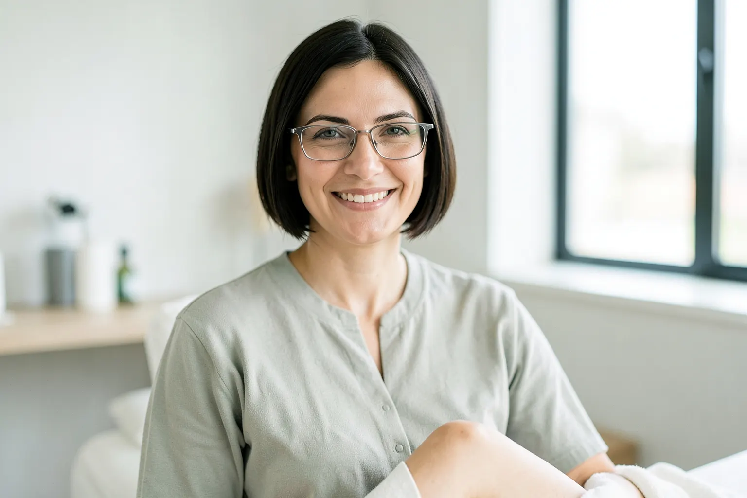 Mulher sorrindo em um consultório de terapia com plantas ao fundo