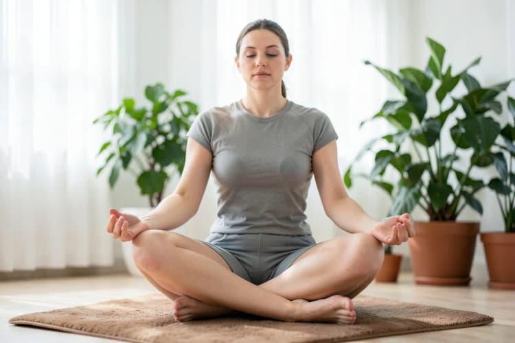 Pessoa meditando em um ambiente tranquilo com plantas