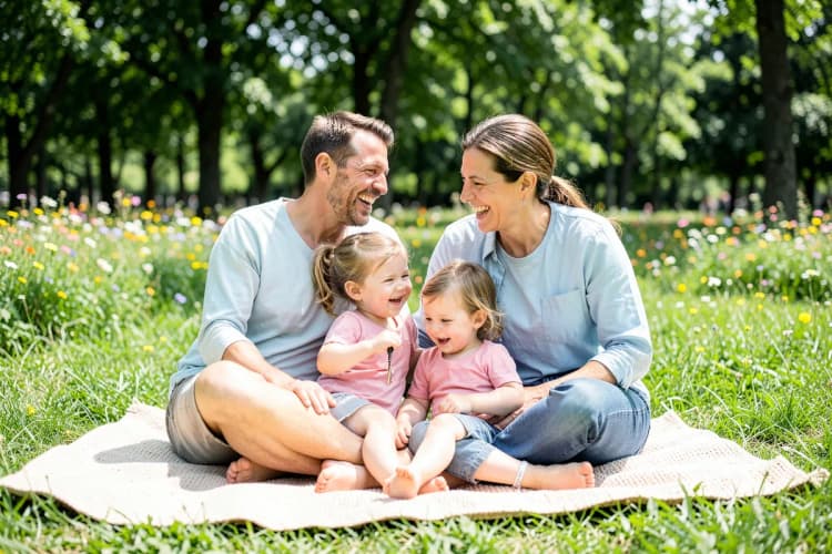 Família rindo junta em um parque ensolarado