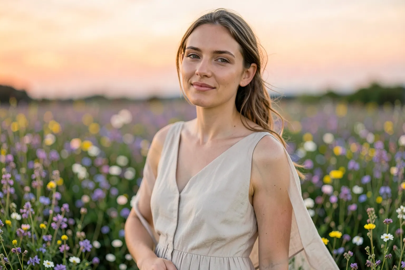 Mulher sorrindo em um campo florido ao pôr do sol